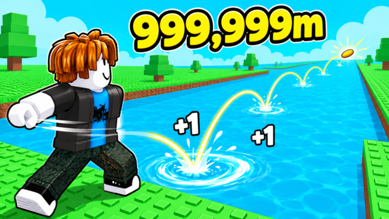 Official Roblox thumbnail of a long straight-river skip with a large distance label