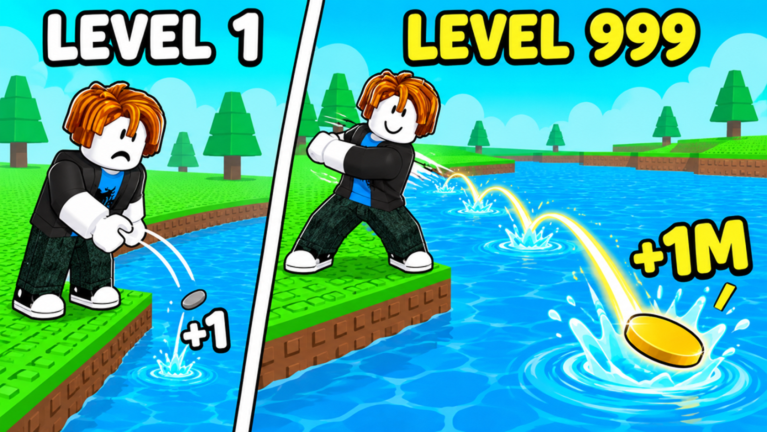 Official Roblox thumbnail split between a level 1 throw and a level 999 throw